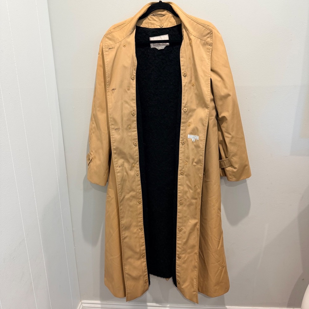 Vintage A Trigère Coat Tan/Beige Trench Coat Removable Wool Liner | Size 12